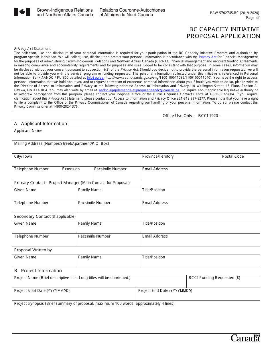 Form PAW5702745.BC Bc Capacity Initiative Proposal Application - Canada, Page 1