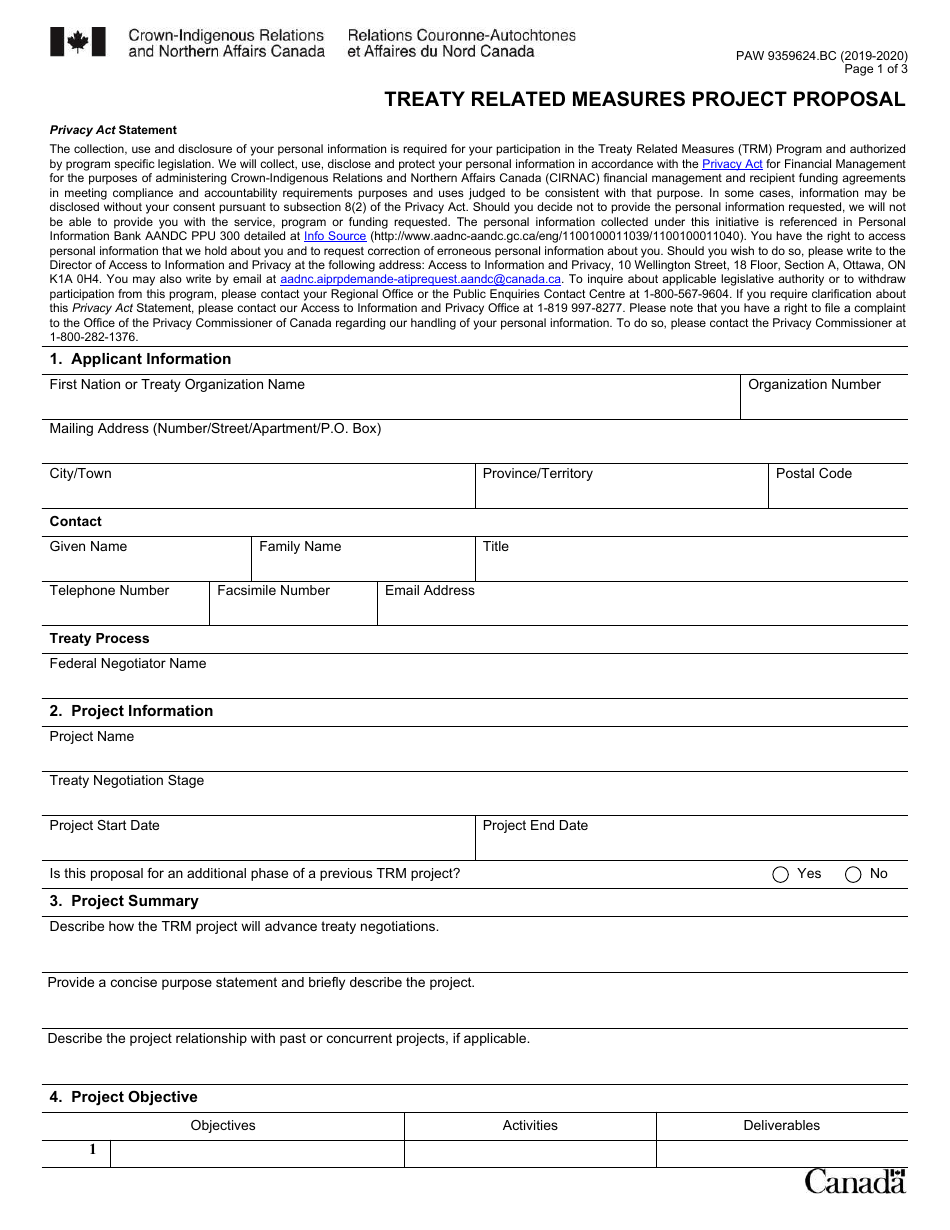 Form PAW9359624.BC Treaty Related Measures Project Proposal - Canada, Page 1