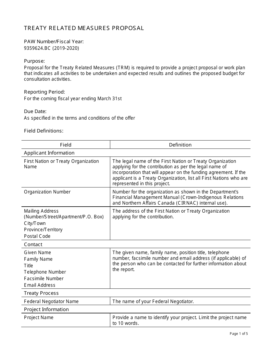 Instructions for Form PAW9359624.BC Treaty Related Measures Project Proposal - Canada, Page 1
