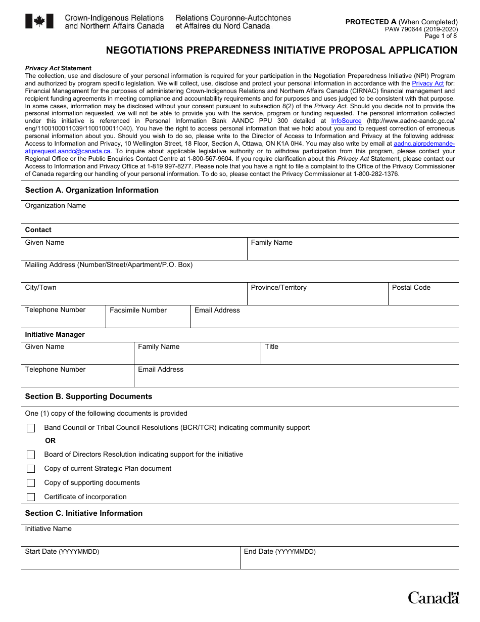 Form PAW790644 Negotiations Preparedness Initiative Proposal Application - Canada, Page 1