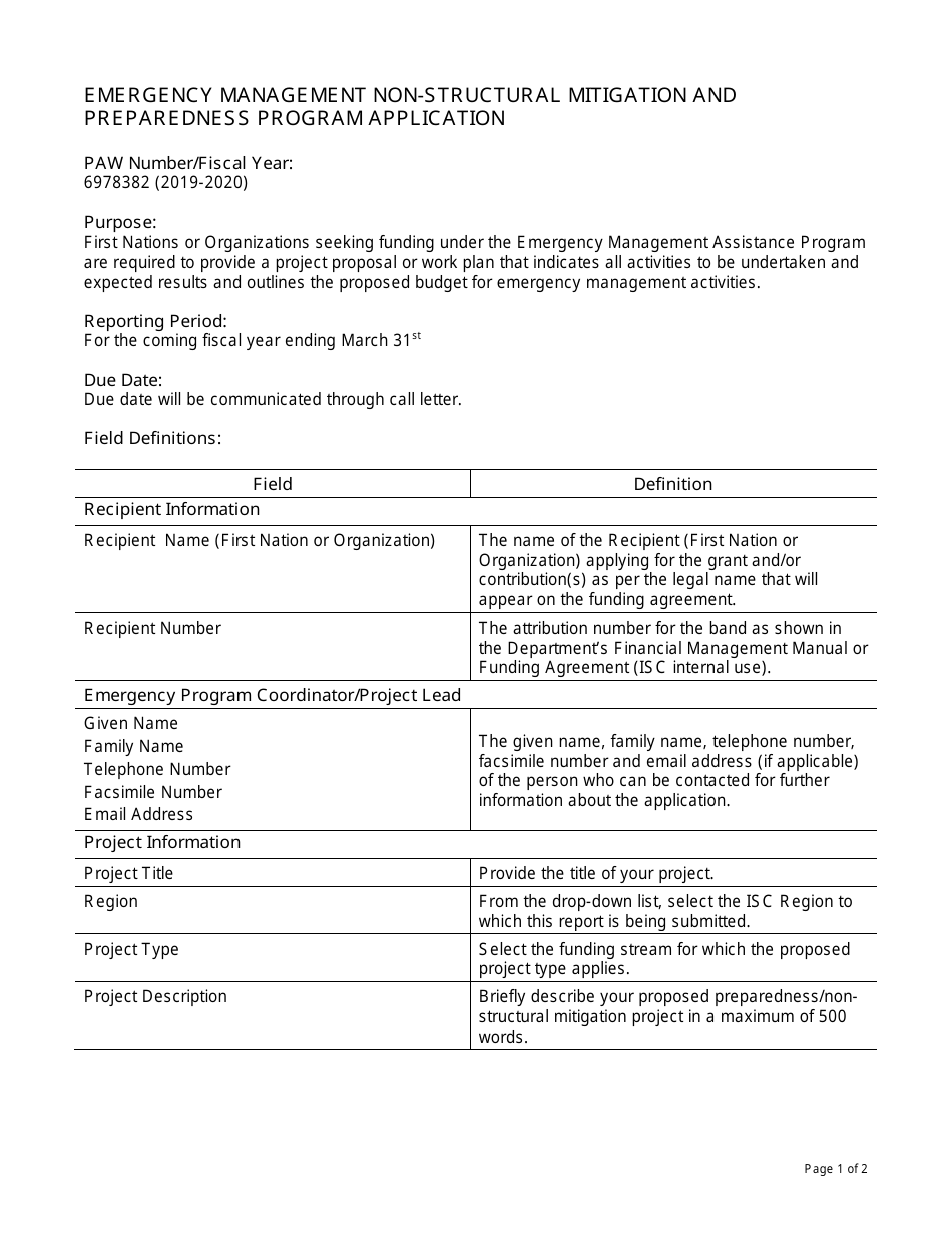 Instructions for Form PAW6978382 Emergency Management Non-structural Mitigation and Preparedness Program Application - Canada, Page 1