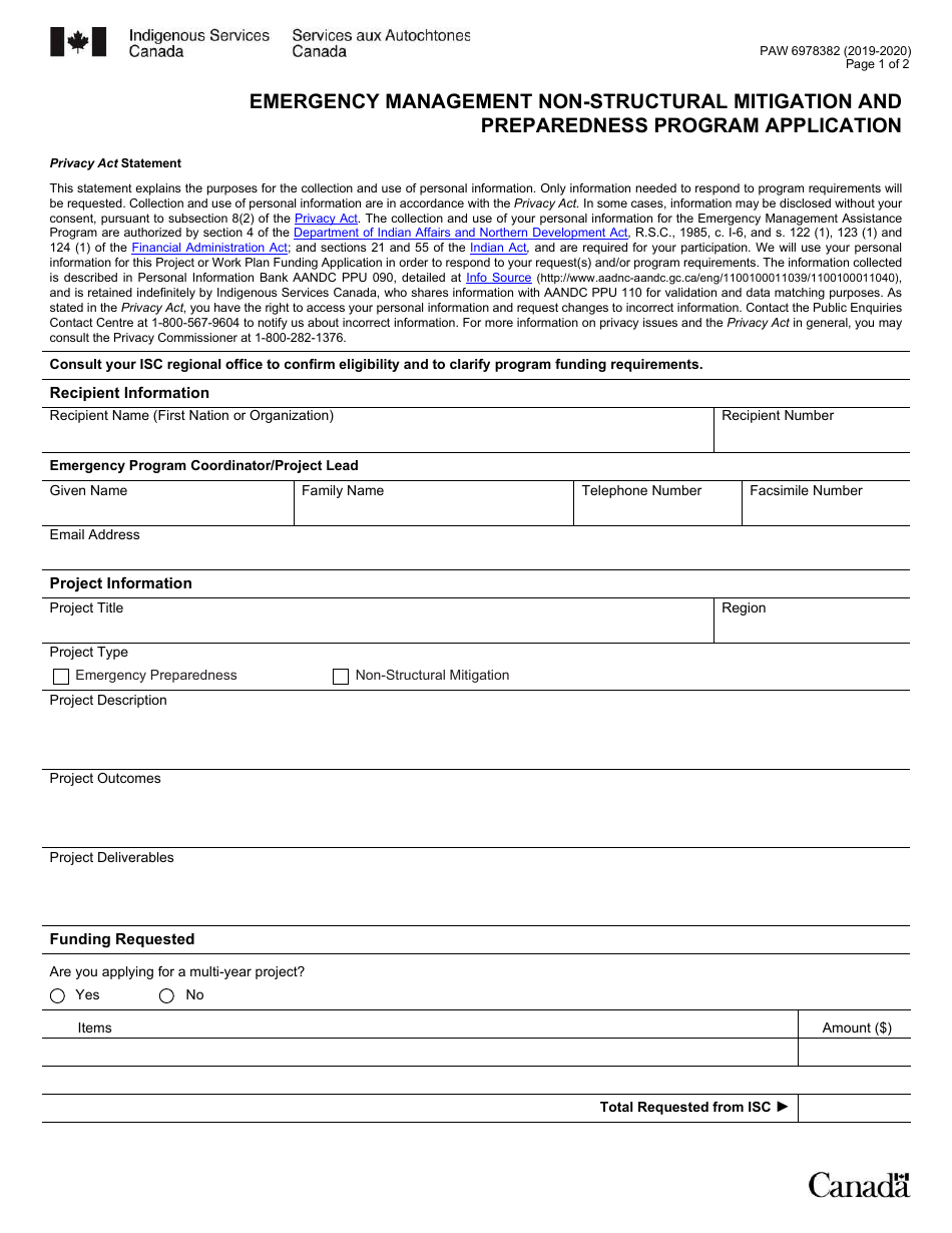 Form PAW6978382 Emergency Management Non-structural Mitigation and Preparedness Program Application - Canada, Page 1
