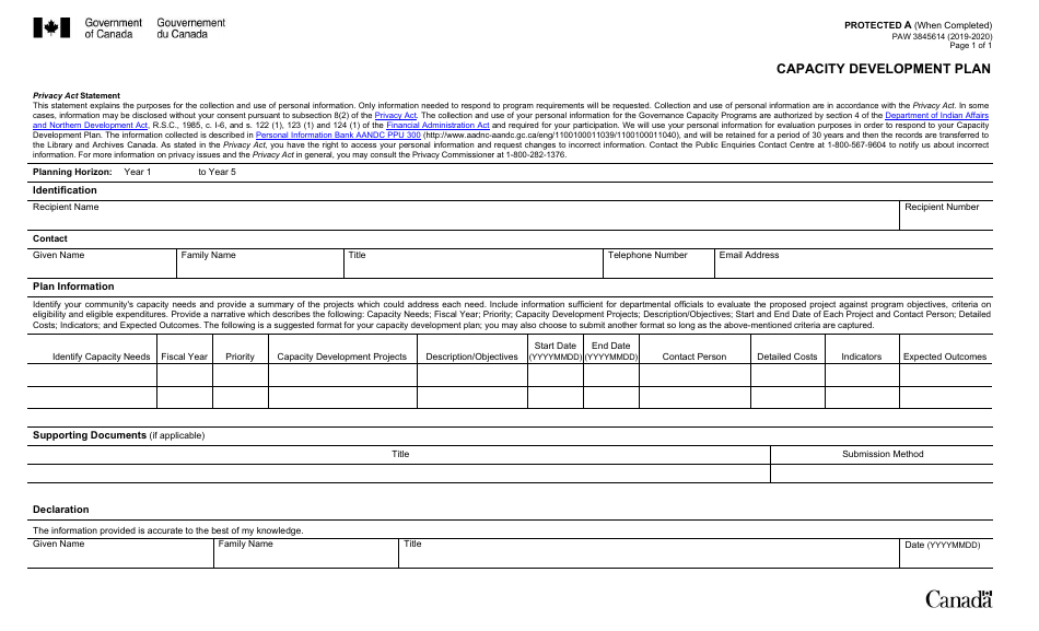 Form PAW3845614 Capacity Development Plan - Canada, Page 1