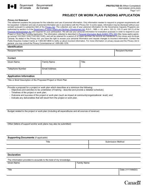 Form PAW638262 Project or Work Plan Funding Application - Canada, 2020