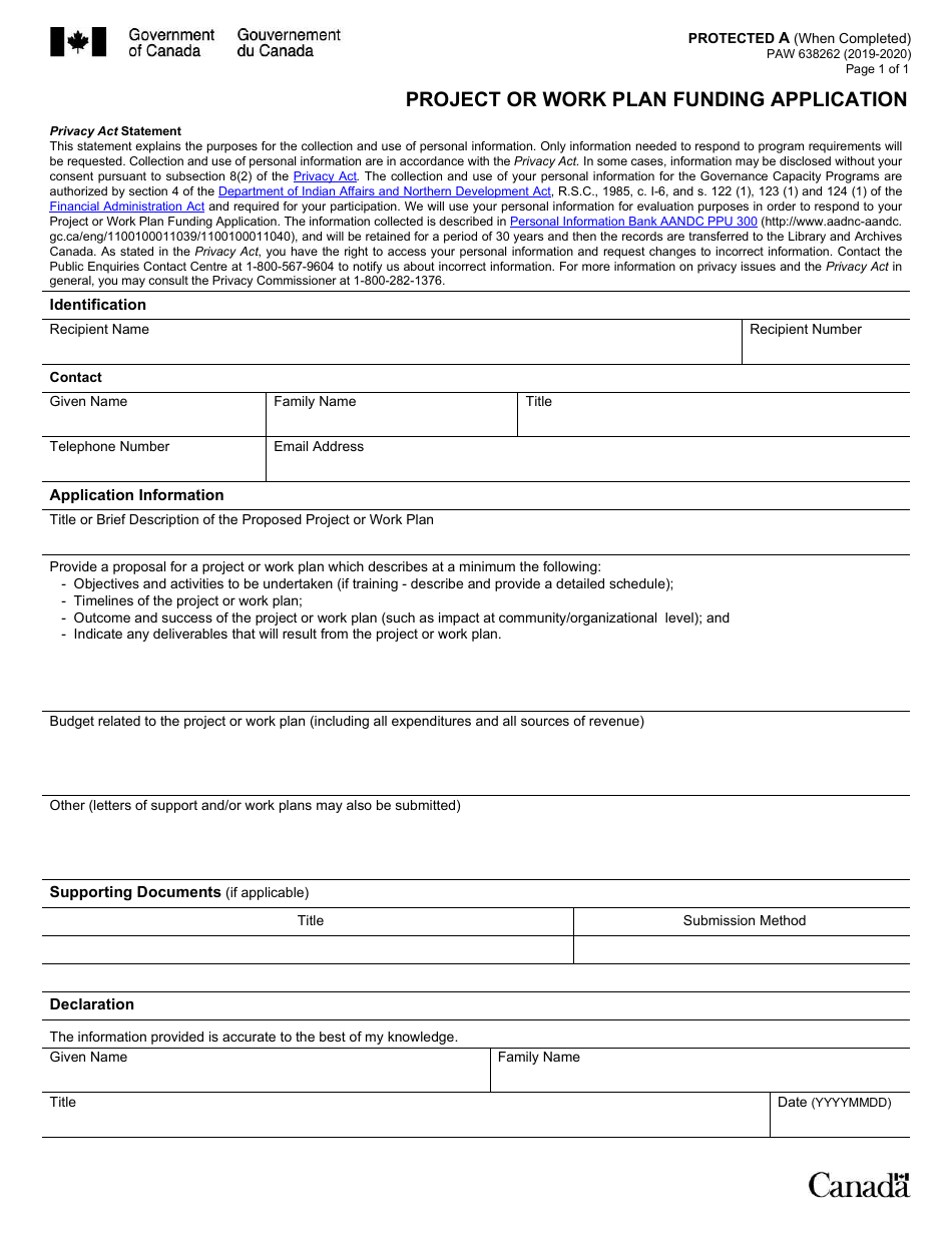 Form PAW638262 Project or Work Plan Funding Application - Canada, Page 1