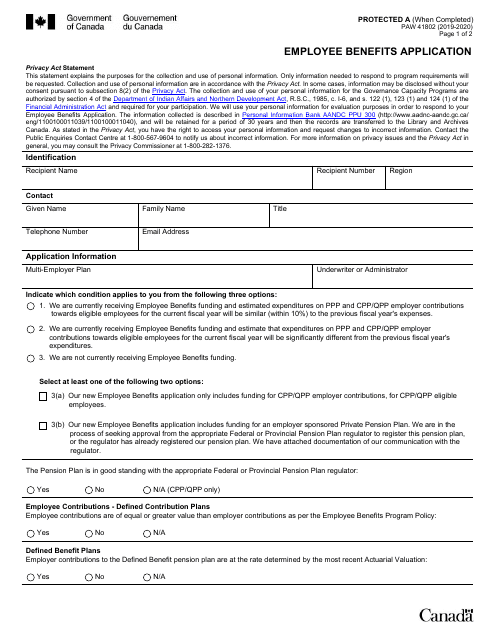 Form PAW41802 Employee Benefits Application - Canada, 2020