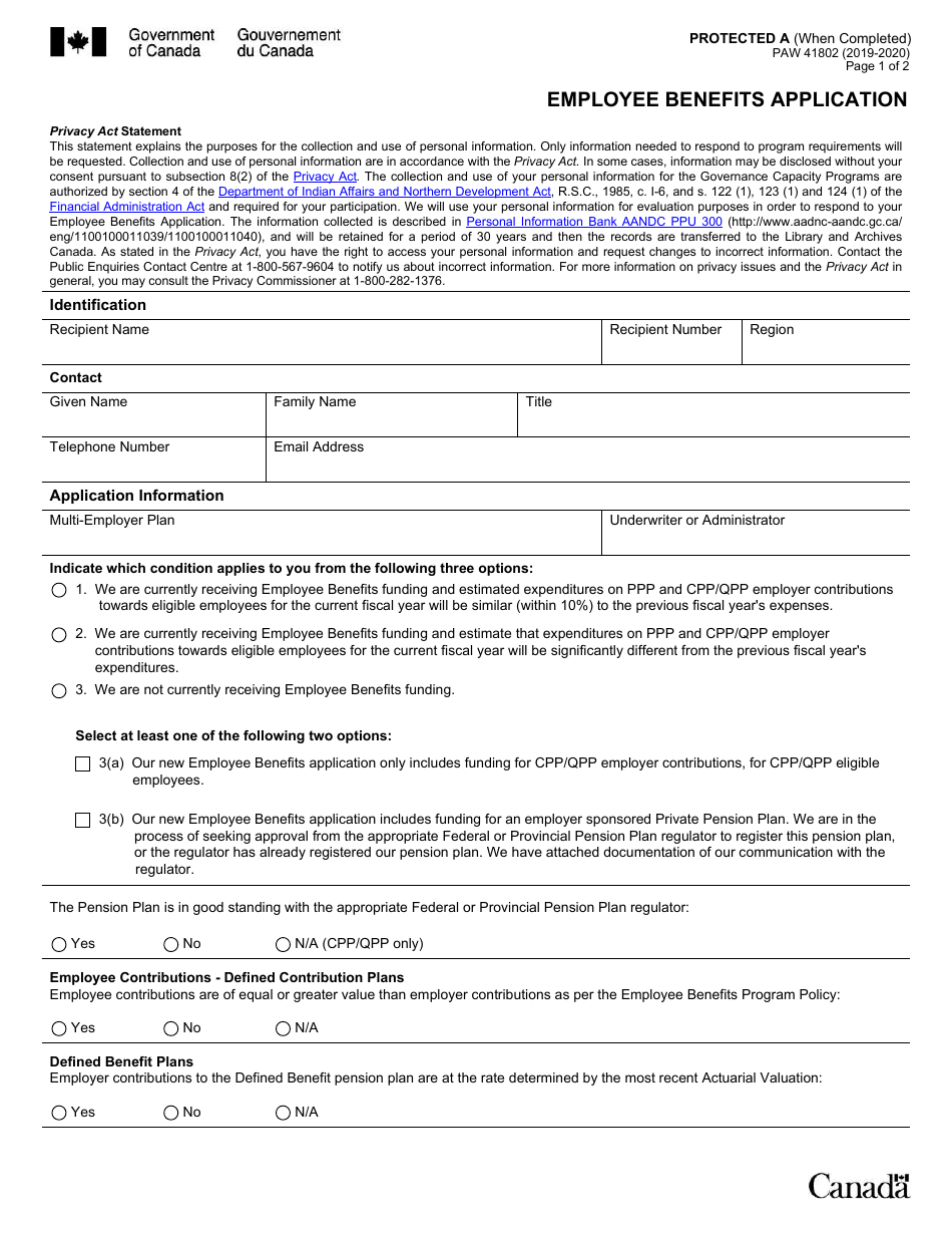 Form PAW41802 Employee Benefits Application - Canada, Page 1