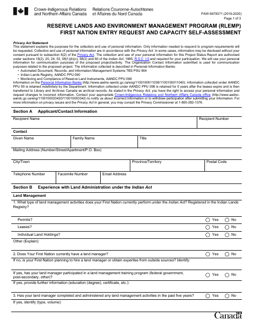 Form PAW6978371 Reserve Land and Environment Management Program (Rlemp) - First Nation Entry Request and Capacity Self-assessment - Canada, 2020