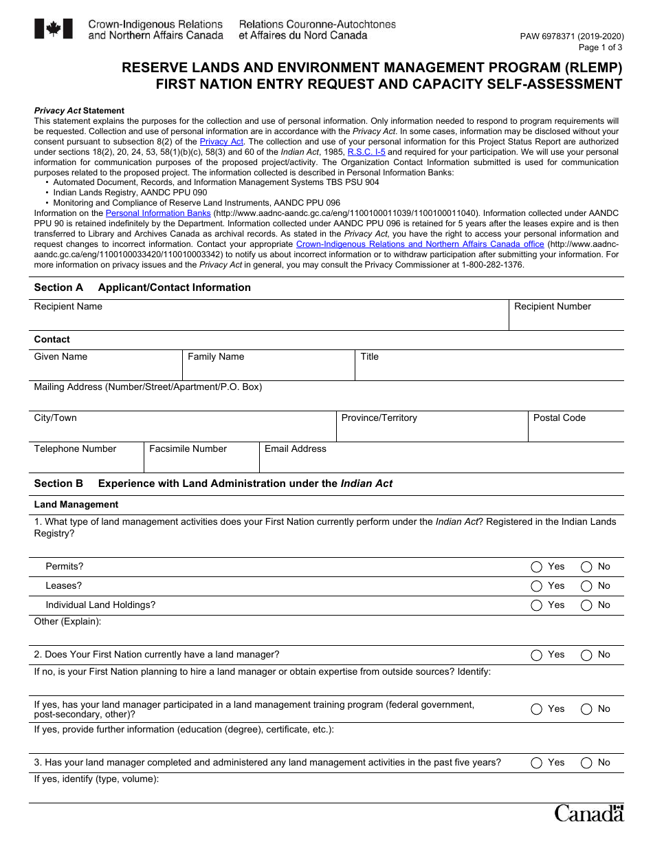 Form PAW6978371 Reserve Land and Environment Management Program (Rlemp) - First Nation Entry Request and Capacity Self-assessment - Canada, Page 1