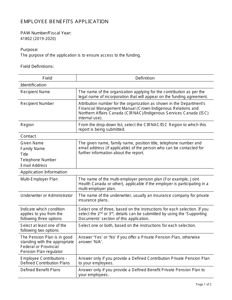 Instructions for Form PAW41802 Employee Benefits Application - Canada, Page 1