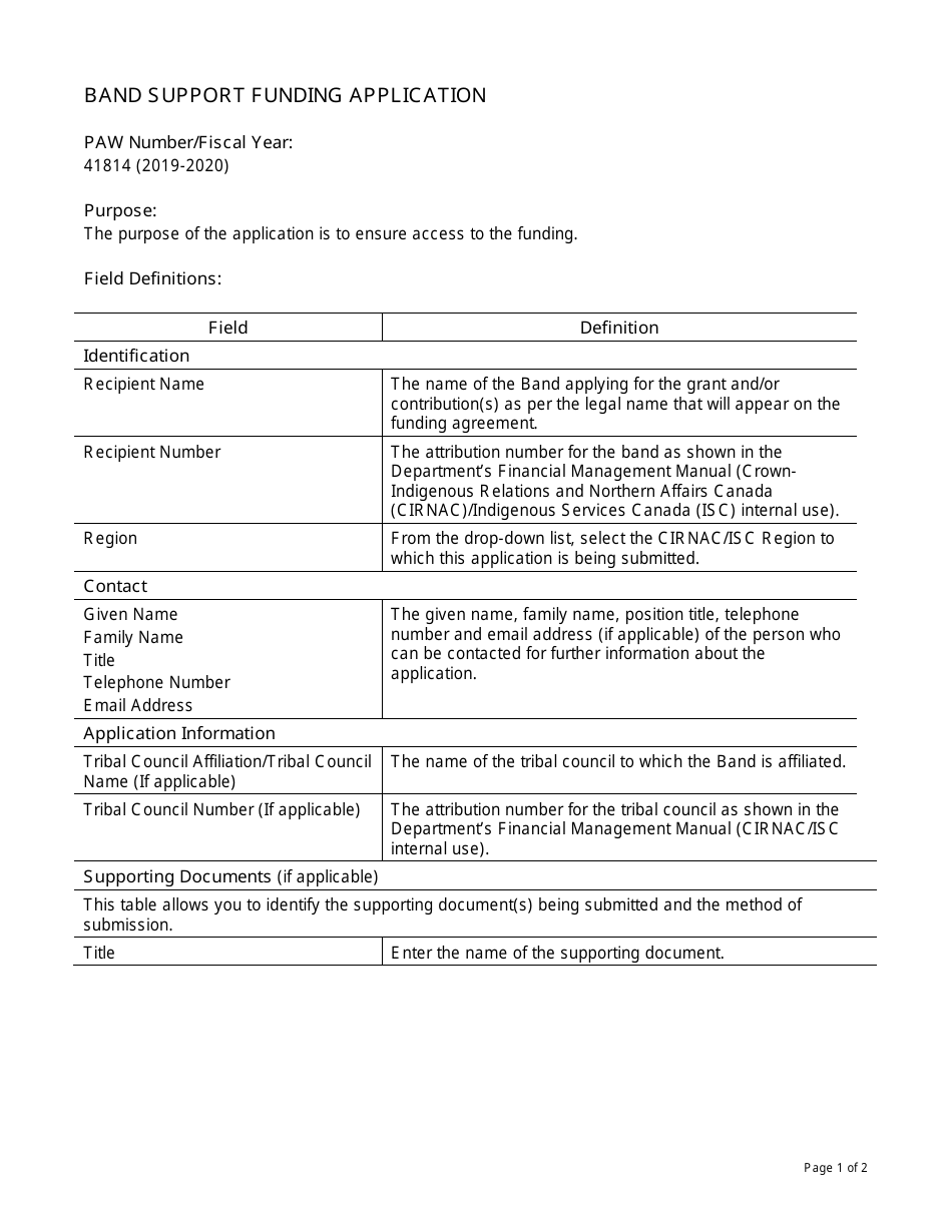 Instructions for Form PAW41814 Band Support Funding Application - Canada, Page 1