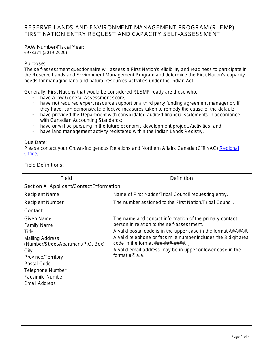 Instructions for Form PAW6978371 Reserve Land and Environment Management Program (Rlemp) First Nation Entry Request and Capacity Self-assessment - Canada, Page 1