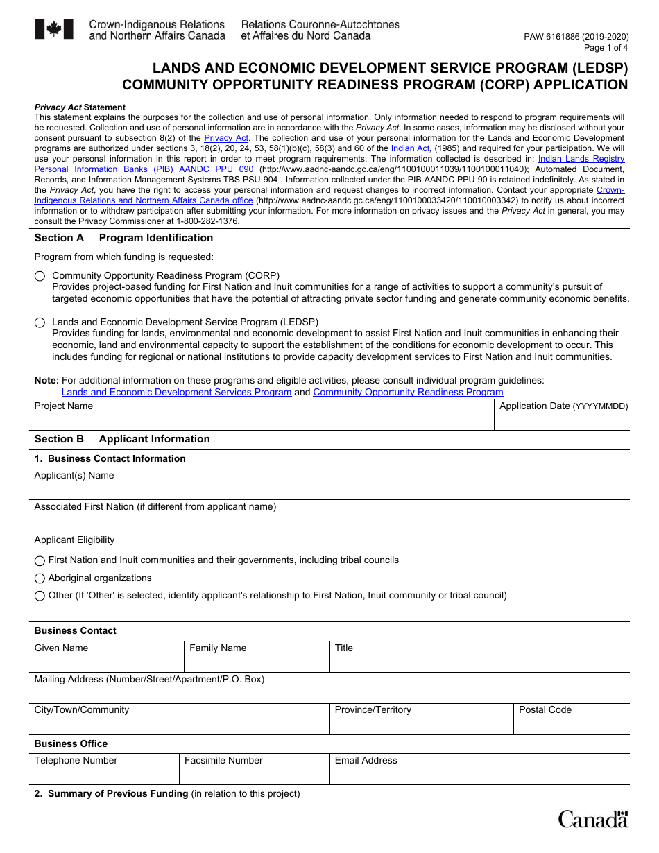 Form PAW6161886 Lands and Economic Development Service Programs (Ledsp) / Community Opportunities Readiness Program (Corp) Application - Canada, Page 1
