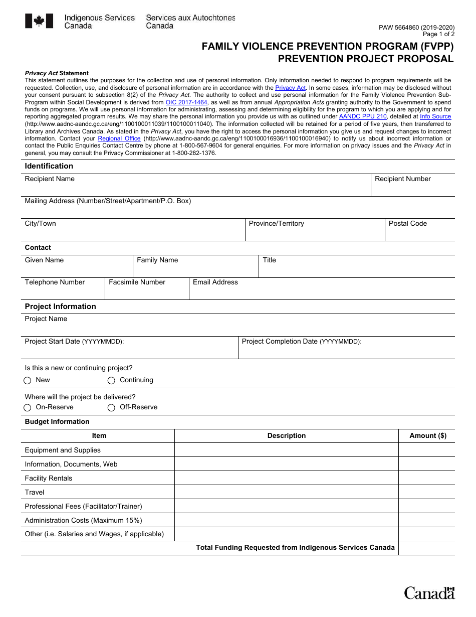 Form PAW5664860 Family Violence Prevention Program (Fvpp) Prevention Project Proposal - Canada, Page 1