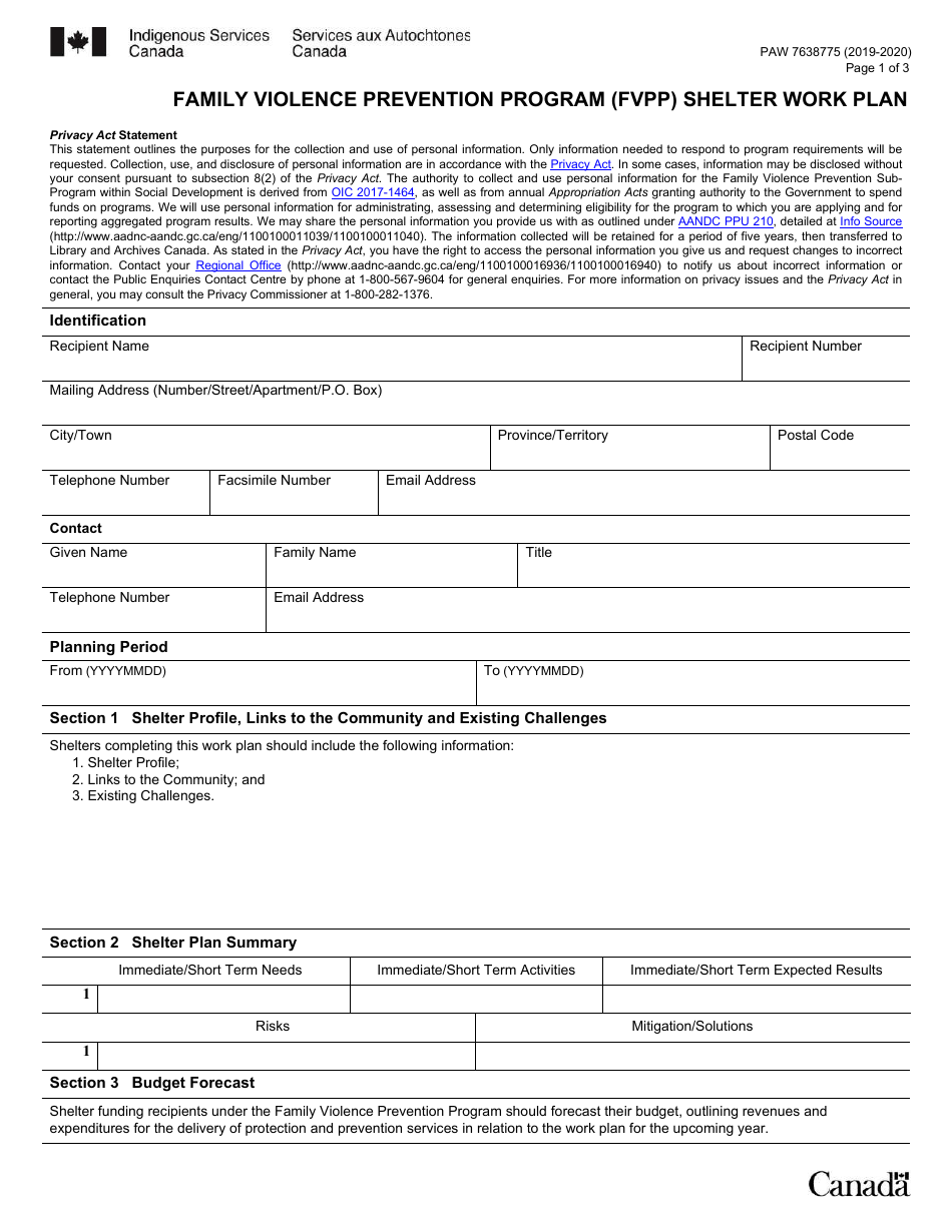 Form PAW7638775 Family Violence Prevention Program (Fvpp) Shelter Work Plan - Canada, Page 1