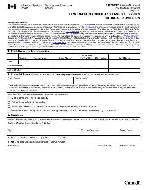 Form PAW493710.BC First Nations Child and Family Services Notice of Admission - Canada, 2020