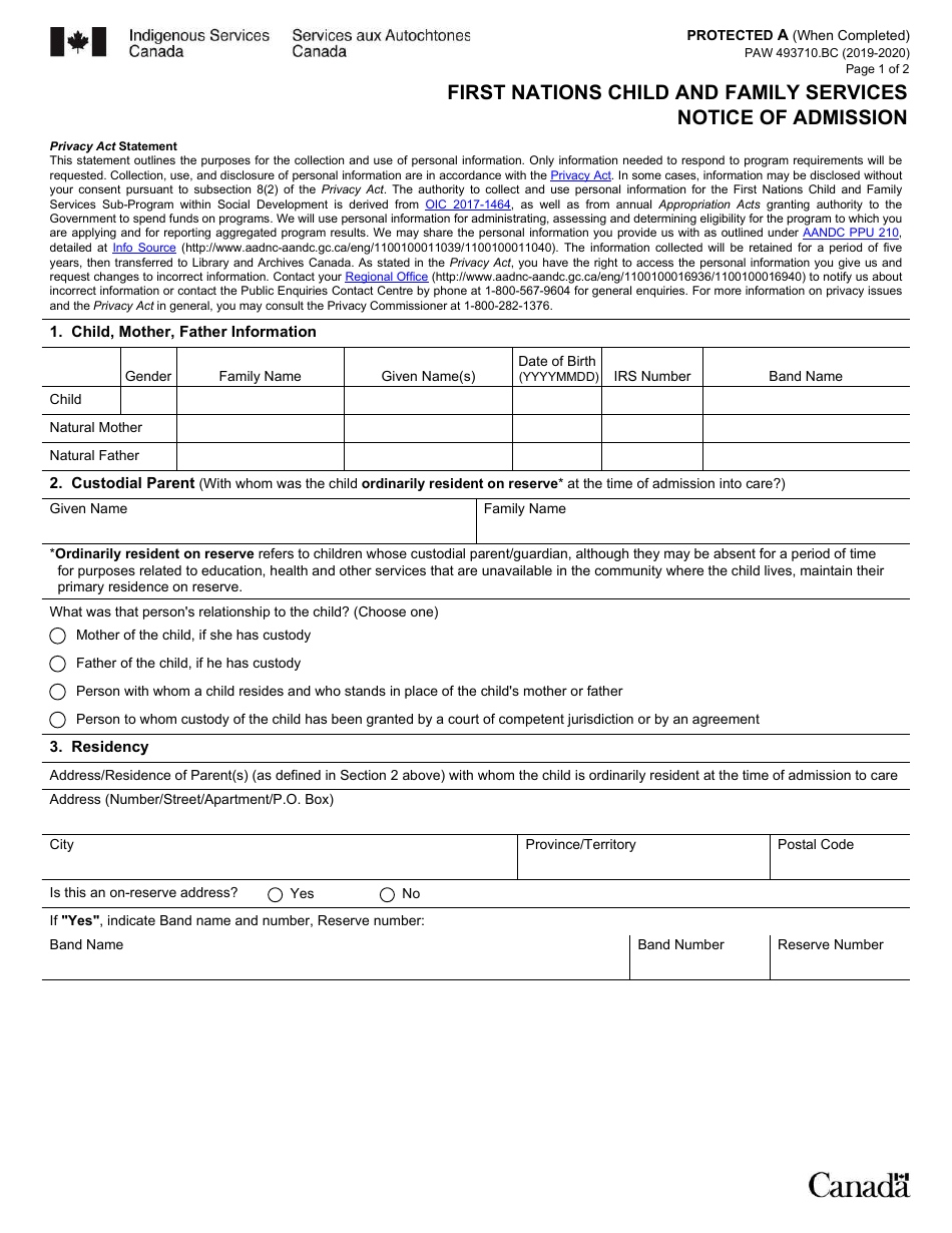 Form PAW493710.BC First Nations Child and Family Services Notice of Admission - Canada, Page 1