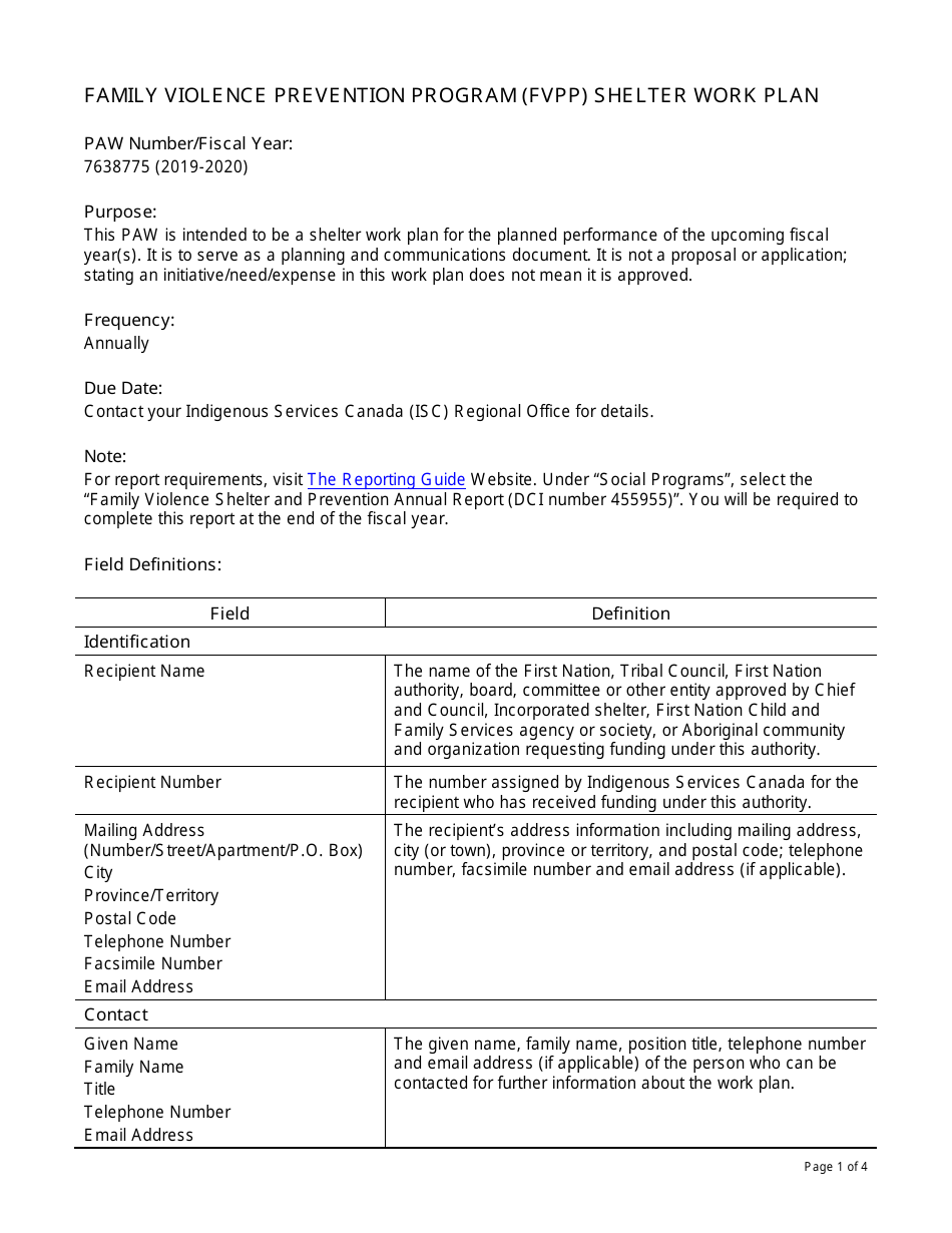Instructions for Form PAW7638775 Family Violence Prevention Program (Fvpp) Shelter Work Plan - Canada, Page 1