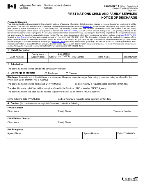 Form PAW493738.BC First Nations Child and Family Services Notice of Discharge - Canada, 2020