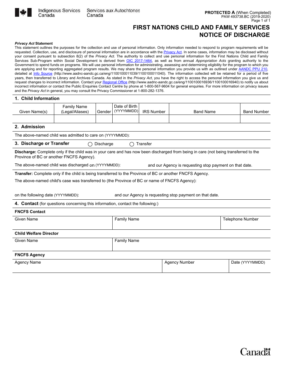 Form PAW493738.BC First Nations Child and Family Services Notice of Discharge - Canada, Page 1