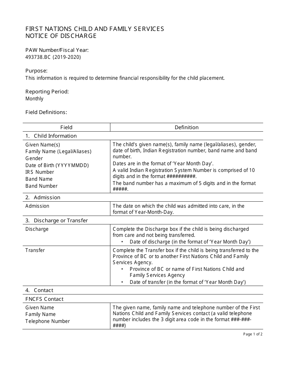Download Instructions For Form Paw First Nations Child And Family Services Notice Of Discharge Pdf Templateroller