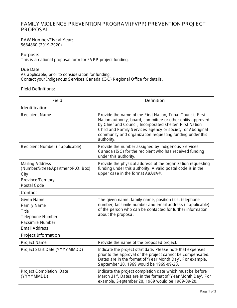 Instructions for Form PAW5664860 Family Violence Prevention Program (Fvpp) Prevention Project Proposal - Canada, Page 1