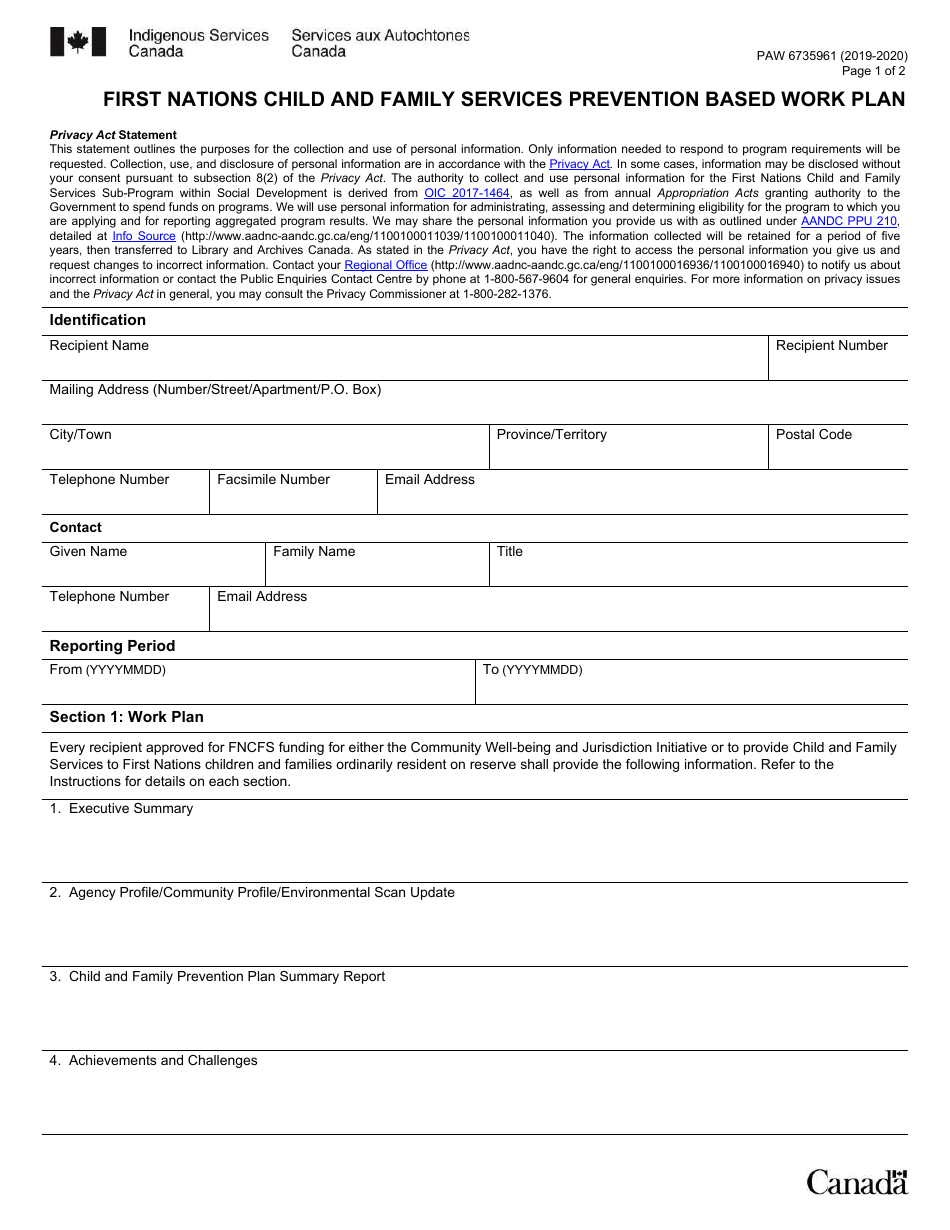 Form PAW6735961 First Nations Child and Family Services Prevention Based Work Plan - Canada, Page 1