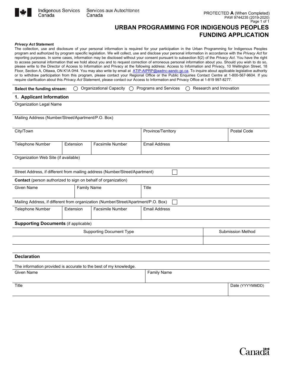 Form PAW9744235 Urban Programming for Indigenous Peoples Funding Application - Canada, Page 1