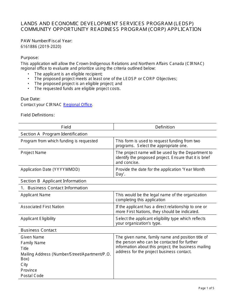 Instructions for Form PAW6161886 Lands and Economic Development Service Programs (Ledsp) / Community Opportunities Readiness Program (Corp) Application - Canada, Page 1