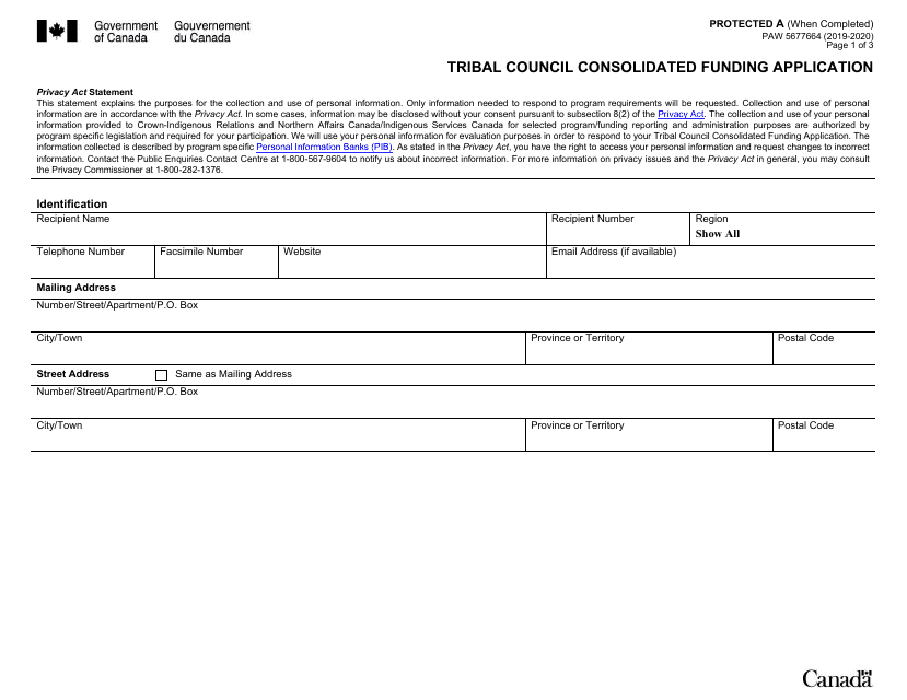 Form PAW5677664 Tribal Council Consolidated Funding Application - Canada, 2020