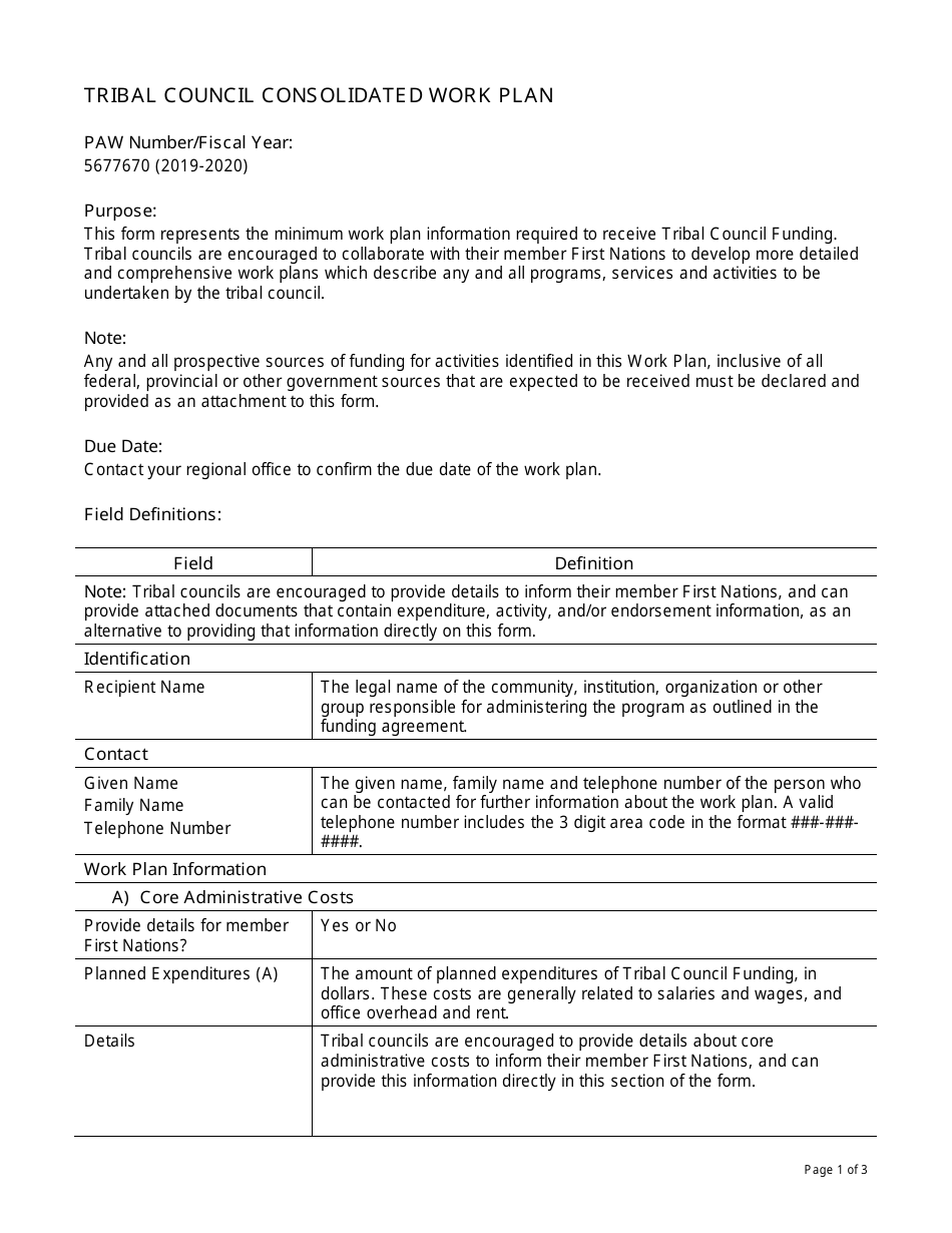 Instructions for Form PAW5677670 Tribal Council Consolidated Work Plan - Canada, Page 1