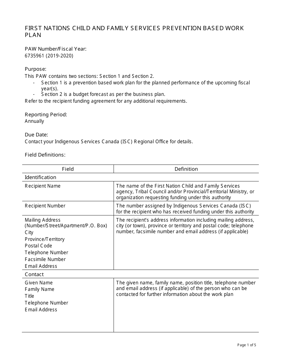 Instructions for Form PAW6735961 First Nations Child and Family Services Prevention Based Work Plan - Canada, Page 1