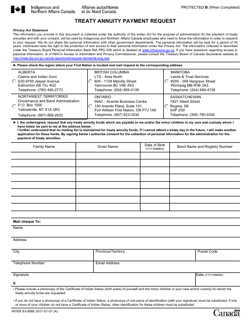 Form INTER83-088E Treaty Annuity Payment Request - Canada