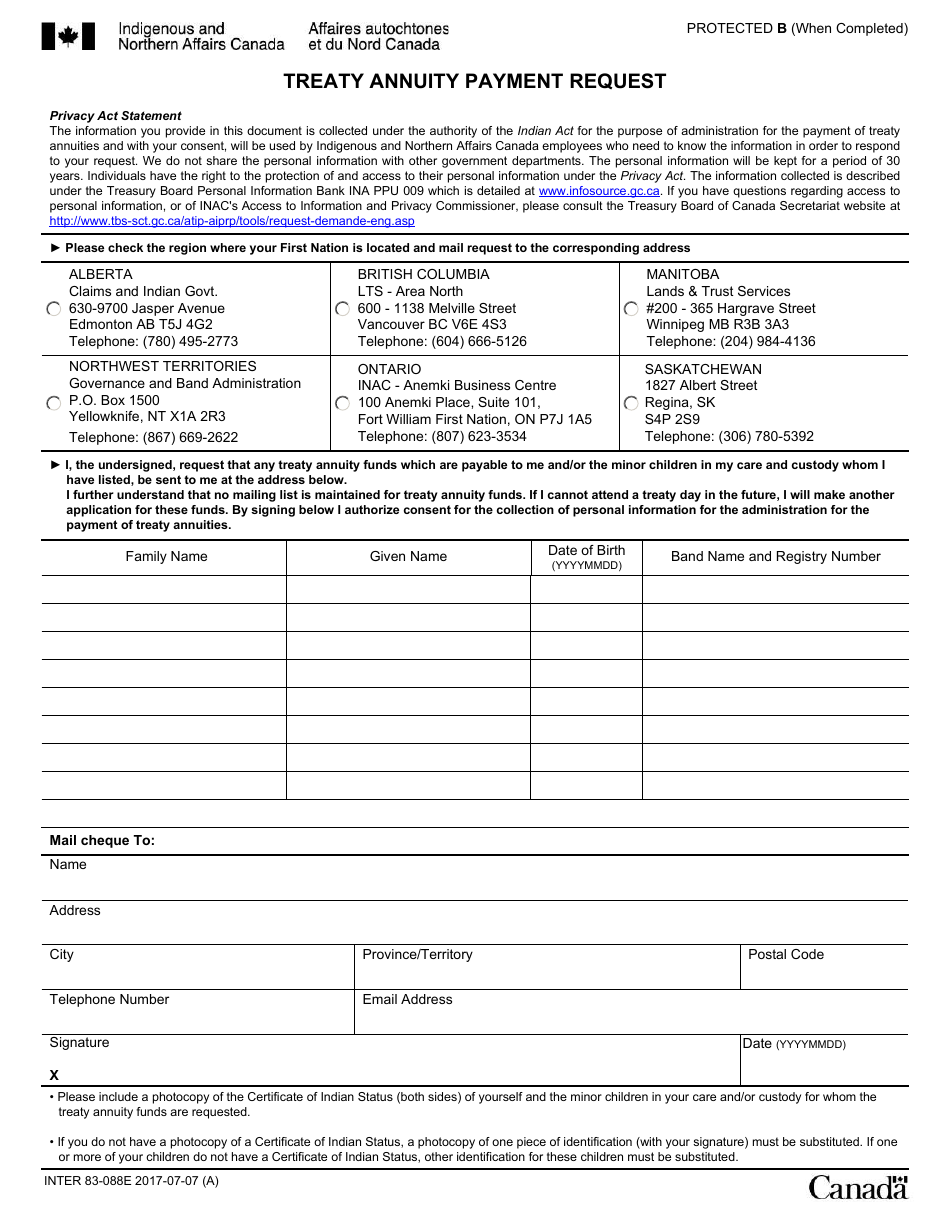 Form INTER83-088E Treaty Annuity Payment Request - Canada, Page 1
