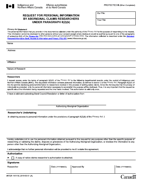 Form INTER10-513E Request for Personal Information by Aboriginal Claims Researchers Under Paragraph 8(2)(K) - Canada