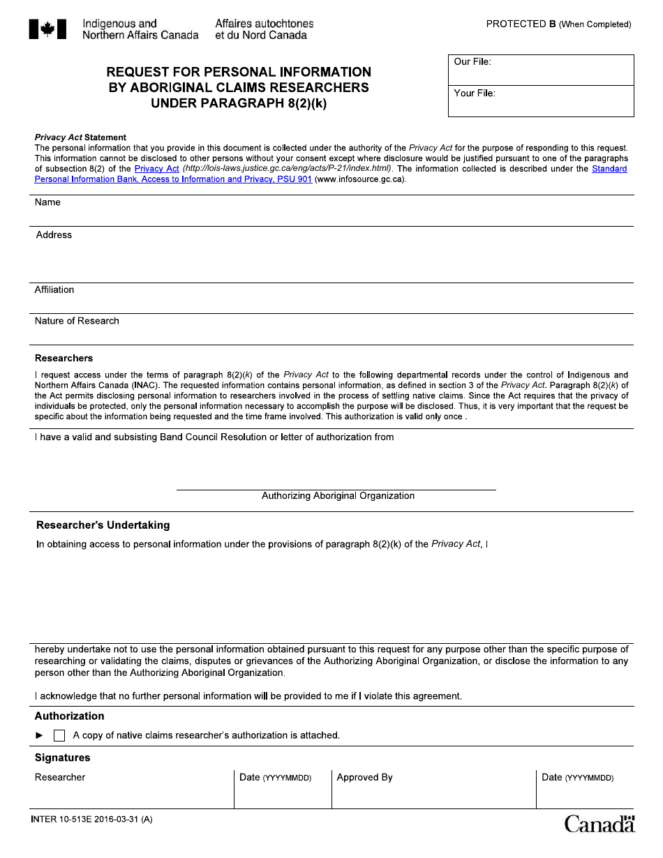 Form INTER10-513E Request for Personal Information by Aboriginal Claims Researchers Under Paragraph 8(2)(K) - Canada, Page 1