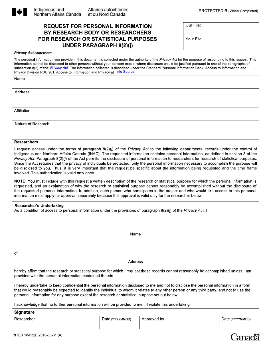 Form INTER10-632E Request for Personal Information by Research Body or Researchers for Research or Statistical Purposes Under Paragraph 8(2)(J) - Canada, Page 1
