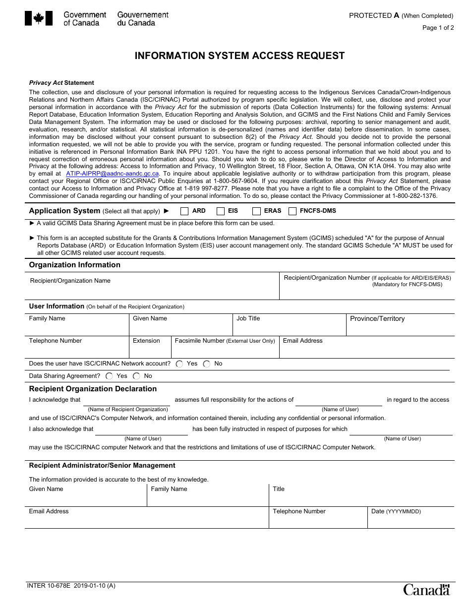 Form INTER10-678E Information System Access Request - Canada, Page 1
