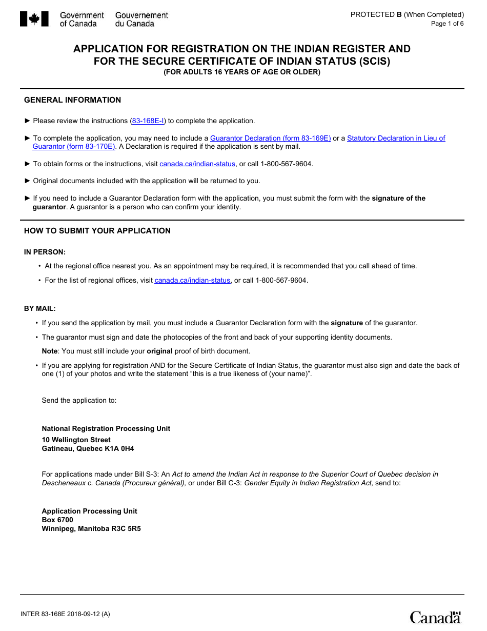 Form INTER83-168E Application for Registration on the Indian Register and for the Secure Certificate of Indian Status (Scis) (For Adults 16 Years of Age or Older) - Canada, Page 1
