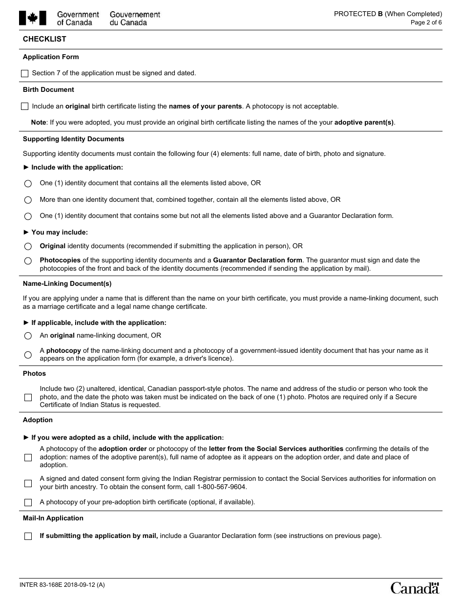 Form INTER83-168E Application for Registration on the Indian Register and for the Secure Certificate of Indian Status (Scis) (For Adults 16 Years of Age or Older) - Canada, Page 2