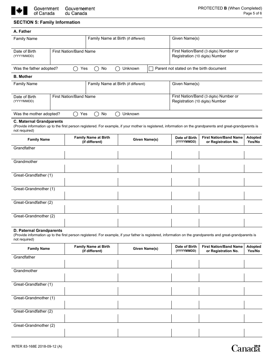 Form INTER83-168E Application for Registration on the Indian Register and for the Secure Certificate of Indian Status (Scis) (For Adults 16 Years of Age or Older) - Canada, Page 5