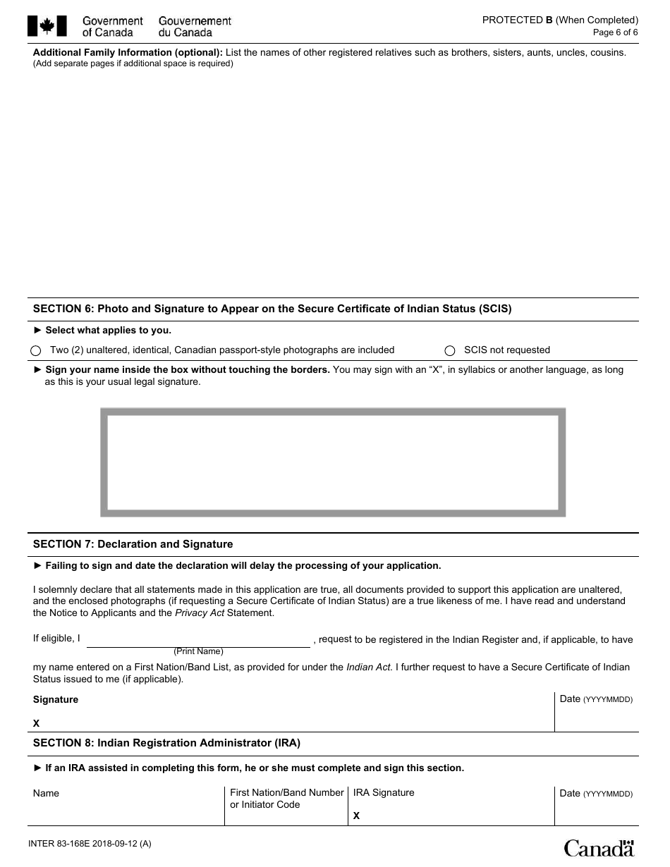 Form INTER83-168E Application for Registration on the Indian Register and for the Secure Certificate of Indian Status (Scis) (For Adults 16 Years of Age or Older) - Canada, Page 6