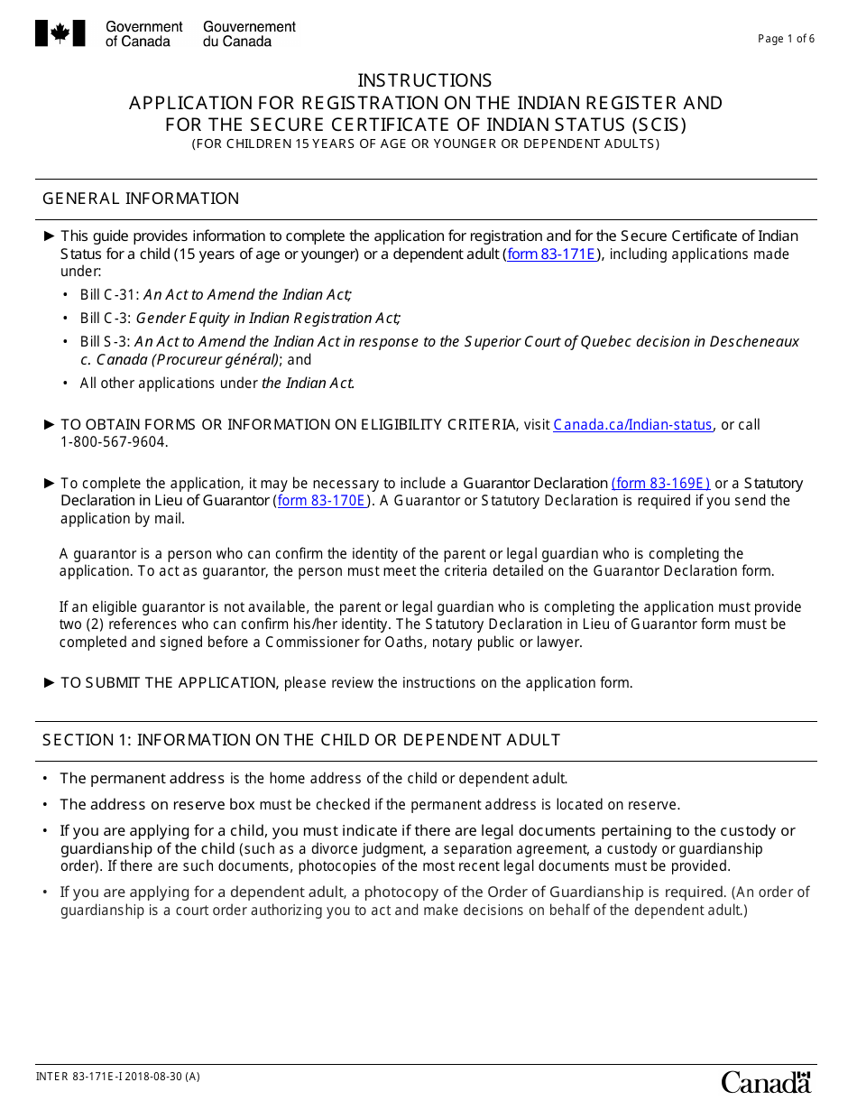 Instructions for Form INTER83-171E Application for Registration on the Indian Register and for the Secure Certificate of Indian Status (Scis) (For Children 15 Years of Age or Younger or Dependent Adults) - Canada, Page 1