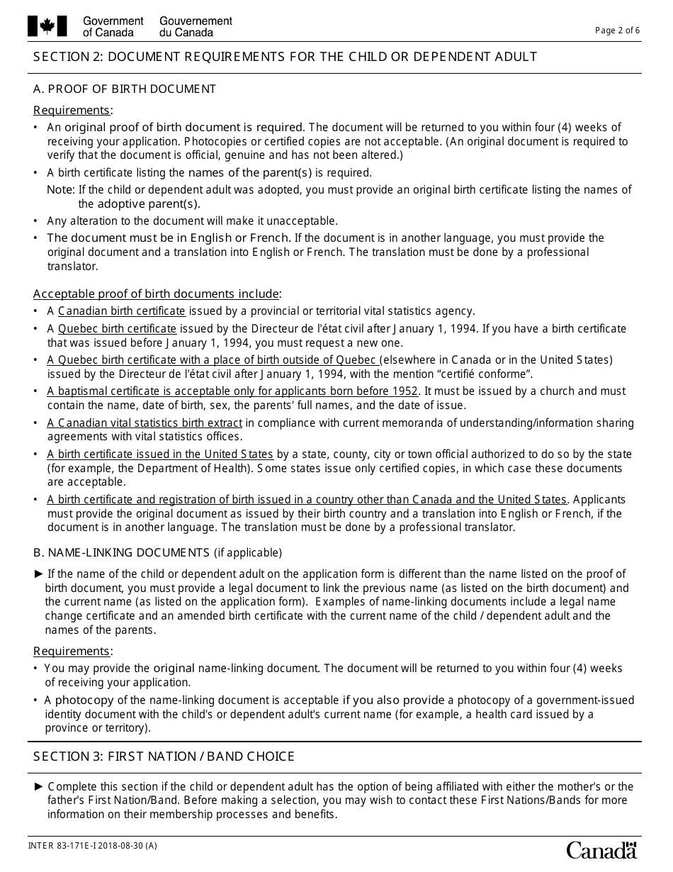 Instructions for Form INTER83-171E Application for Registration on the Indian Register and for the Secure Certificate of Indian Status (Scis) (For Children 15 Years of Age or Younger or Dependent Adults) - Canada, Page 2