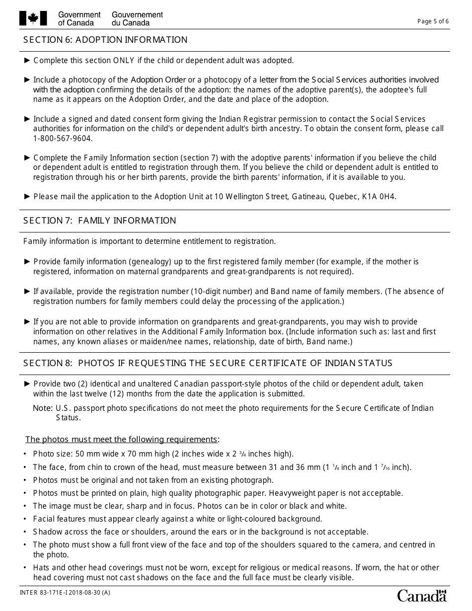 Instructions for Form INTER83-171E Application for Registration on the Indian Register and for the Secure Certificate of Indian Status (Scis) (For Children 15 Years of Age or Younger or Dependent Adults) - Canada, Page 5