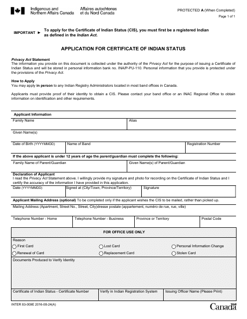 Form INTER83-009E Application for Certificate of Indian Status - Canada