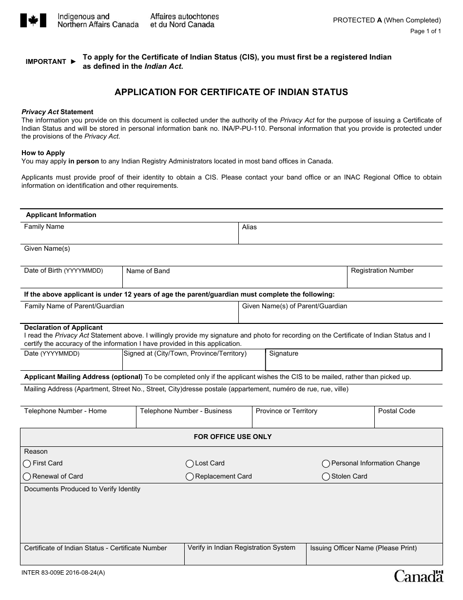 Form INTER83-009E Application for Certificate of Indian Status - Canada, Page 1
