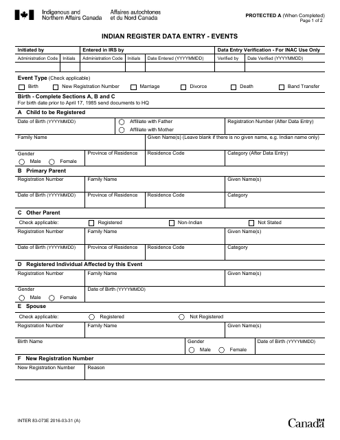 Form INTER83-073E Indian Register Data Entry - Events - Canada