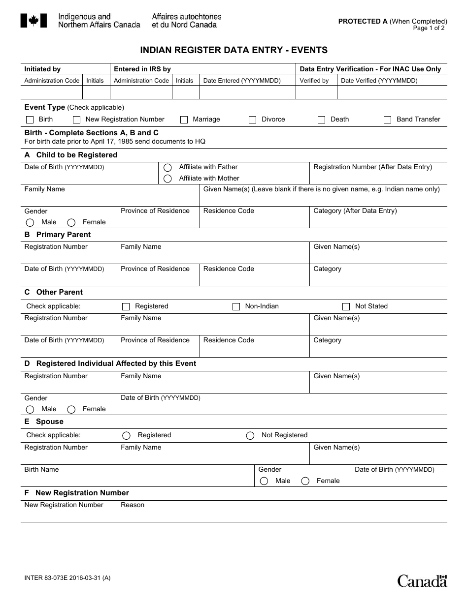Form INTER83-073E Indian Register Data Entry - Events - Canada, Page 1