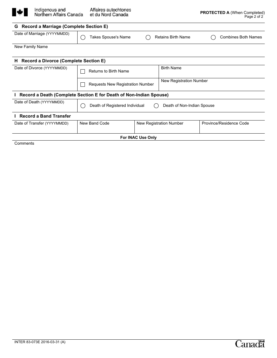 Form INTER83-073E Indian Register Data Entry - Events - Canada, Page 2